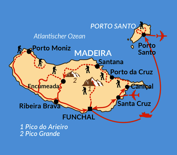 Karte: Inseldurchquerung Madeira und Anschluss auf Porto Santo