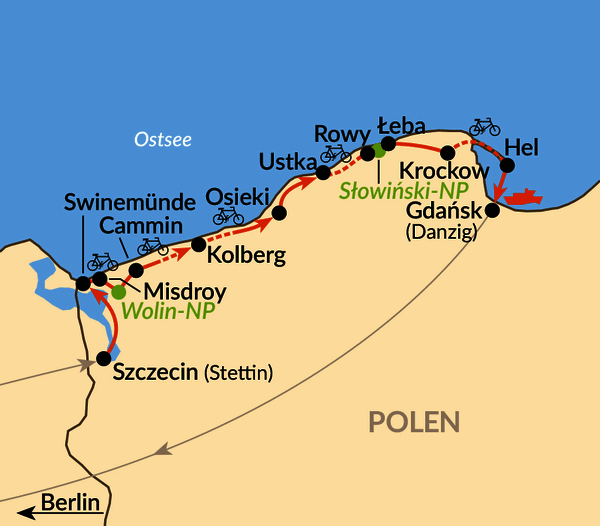 Karte: Per Rad entlang der polnischen Ostseeküste
