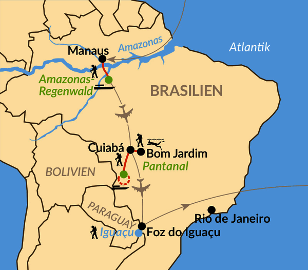 Karte: Naturparadiese Amazonas, Pantanal und Iguazu-Wasserfälle