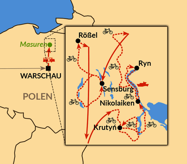 Karte: Radtour zu den Höhepunkten Masurens
