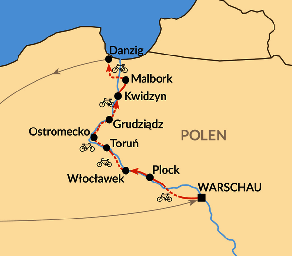 Karte: Radtour nördliche Weichsel – Von Warschau bis Danzig