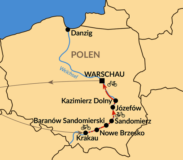 Karte: Radtour südliche Weichsel – Von Krakau bis Warschau