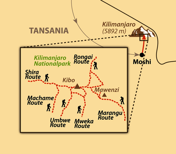 Karte: Auf zum Kilimanjaro-Marathon, auch mit Besteigung des höchsten Berges Afrikas