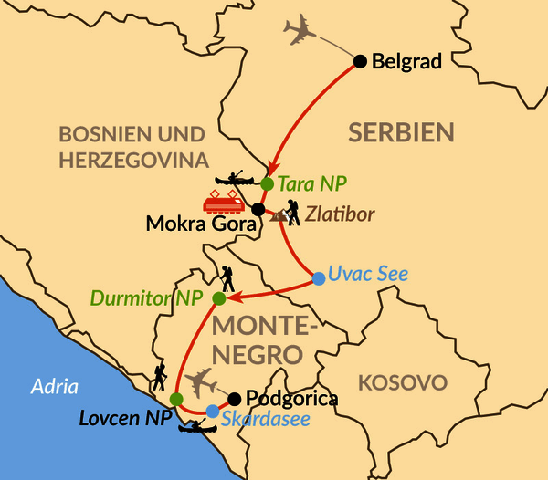 Karte: Wanderabenteuer von den Tara-Bergen bis zur Bucht von Kotor