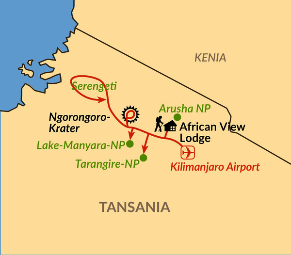 Karte: Auf Ostafrikas schönster Safari-Route durch Serengeti & Co