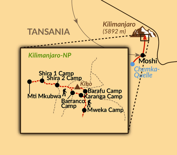 Karte: Kilimanjaro-Besteigung mit Ausklang bei der Chemka-Quelle