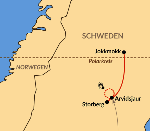 Karte: Huskytour in Schwedisch Lappland