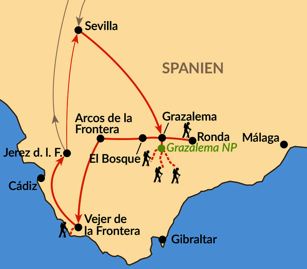Karte: Wandern & Genuss von Sevilla über Ronda bis zum Atlantik