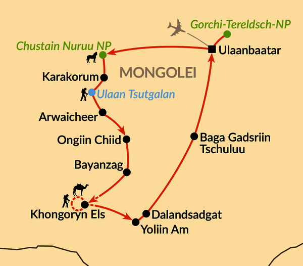 Karte: Wanderreise von Ulaanbaatar in die Wüste Gobi