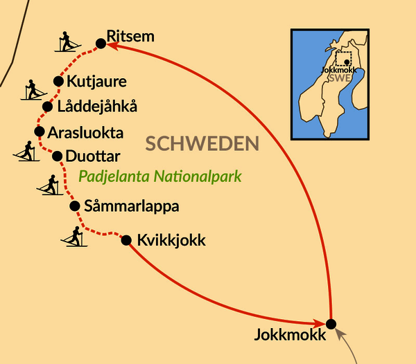 Karte: Mit Backcountryski durch den Padjelanta-Nationalpark