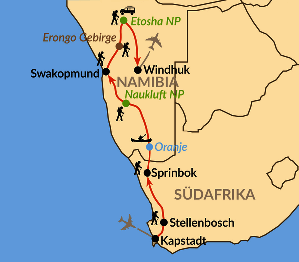 Karte: Wanderreise durch Südafrika und Namibia